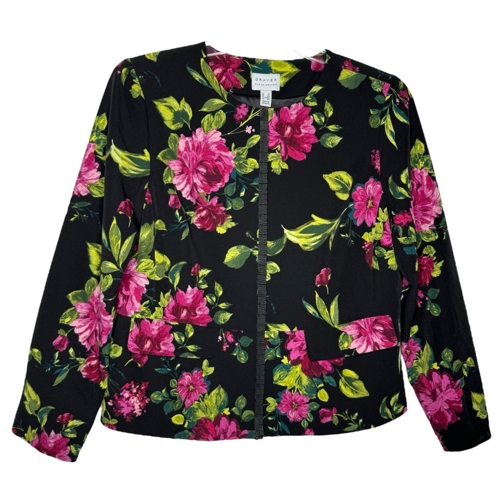 NEW - SUSAN GRAVER - Black & Pink Floral Round Neck Snap Front Blazer - Size 8